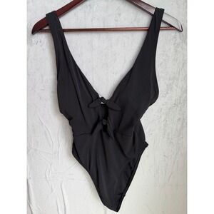 Robin Piccone Ava Plunge Front Tie Minimalist One Piece Swimsuit Womens 6 Black